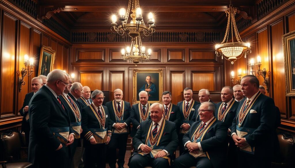 A group of contemporary Freemasons gathered in a well-lit, wood-paneled lodge room. The members, dressed in formal attire, stand or sit in discussion, their faces expressing a mix of contemplation and camaraderie. The room is adorned with symbolic Masonic regalia and artwork, creating an atmosphere of tradition and exclusivity. Soft, warm lighting from chandeliers and sconces casts a subtle glow, highlighting the intricate details of the architecture and furnishings. The overall scene conveys a sense of the Freemasons' continued presence and role in modern society, though their activities remain shrouded in mystery.