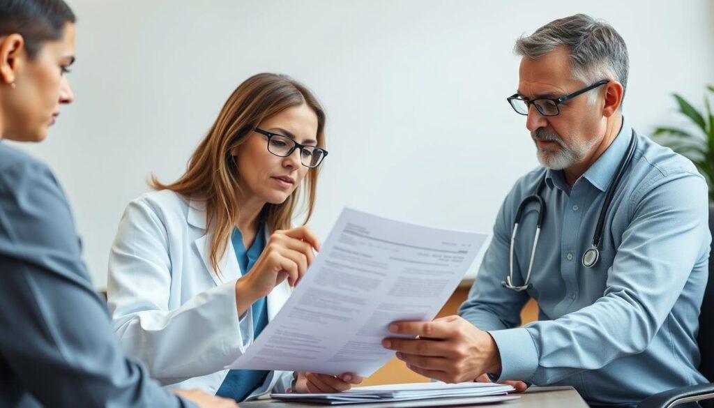 A group of medical professionals, including a doctor and a disability assessor, intently examining documents and discussing the details of a patient's case. The scene is set in a modern, well-lit office, with a sense of professionalism and attention to detail. The doctor reviews medical records, while the assessor carefully considers the information, their expressions reflecting the gravity and importance of their roles in the disability determination process. The background is clean and uncluttered, allowing the focus to remain on the key figures and their collaborative efforts to navigate the complexities of the application procedure.