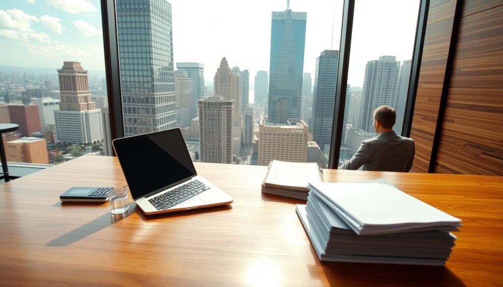 A high-angle, wide-angle shot of a modern office setting with a large window overlooking a bustling city skyline. The foreground features a wooden desk with a laptop, a calculator, and a stack of documents. In the middle ground, a human figure sits at the desk, contemplating the figures and information on the screen. The background showcases the towering skyscrapers and a vibrant, sun-drenched atmosphere, conveying a sense of authority and professionalism. The lighting is soft and diffused, creating a warm and inviting ambiance. The overall composition and mood suggest the thoughtful consideration of financial matters related to unemployment benefits.