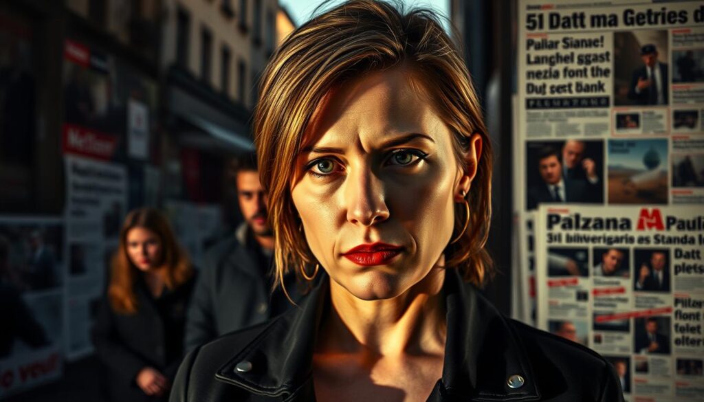 A high-contrast, cinéma-vérité style photograph of Paulina Pilch, a Polish media personality, against a gritty urban backdrop. She stands in the foreground, her expression pensive and guarded, as if caught unawares by the camera's lens. The lighting is dramatic, casting shadows that accentuate the angular planes of her face. In the middle ground, blurred figures represent the relentless media attention and public scrutiny that have surrounded her controversial life. The background is a montage of newspaper headlines, social media posts, and other visual representations of the "Pilch Skandale" that have captivated the public imagination. The overall tone is one of unease and discomfort, reflecting the tumultuous nature of Paulina's public persona.