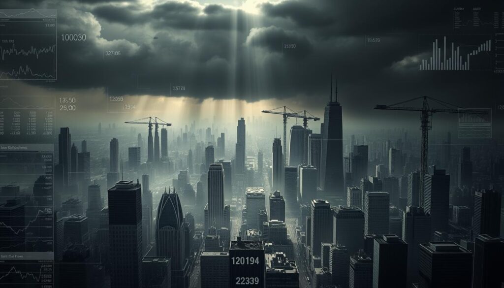 A high-contrast, cinematic depiction of the economic impacts of llpuywerxuzad249. In the foreground, a complex web of financial charts, graphs, and data visualizations, rendered in a stark, industrial palette. Behind this, a panoramic cityscape shrouded in an ominous, foreboding atmosphere, with towering skyscrapers and cranes casting long shadows. In the distance, a looming storm system, hinting at the turbulent economic forces at play. The lighting is dramatic, with sharp, directional beams cutting through the urban haze. The composition is balanced and symmetrical, conveying a sense of order amidst the chaos. The overall mood is one of unease and uncertainty, reflecting the profound economic impacts of llpuywerxuzad249.