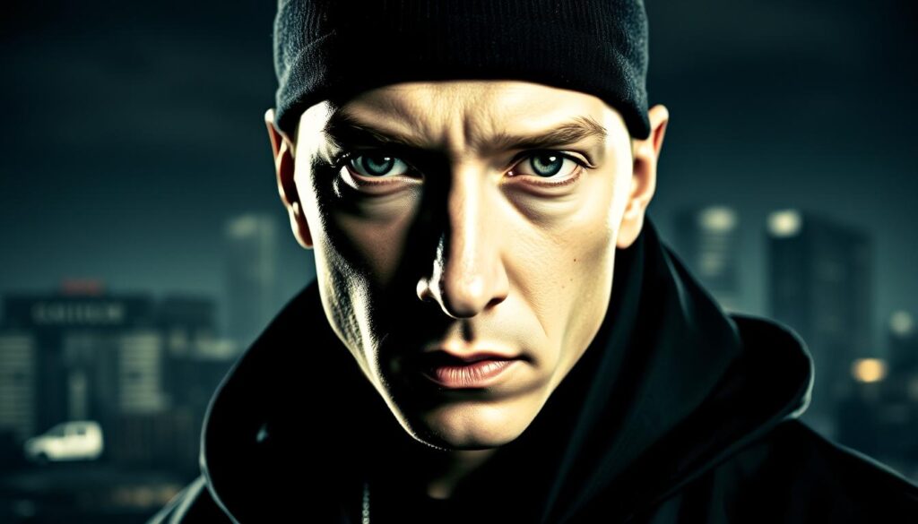 A high-contrast portrait of the legendary rapper Eminem, known by his alter ego "Slim Shady", against a moody, gritty urban backdrop. Eminem is captured in a striking, intense expression, his piercing eyes and distinctive facial features commanding attention. The lighting is dramatic, casting deep shadows that accentuate the sharp angles of his face. The background is a blurred cityscape, hinting at the gritty, underground vibe of the hip-hop scene that Slim Shady emerged from. The overall aesthetic evokes the edgy, rebellious spirit that defined Eminem's rise to global superstardom.