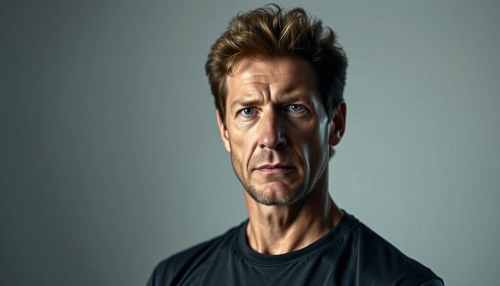 A high-profile German tennis player, Boris Becker, stands confidently in a sleek, well-lit studio setting. His intense gaze and serious expression convey a sense of gravity and authority, reflecting his prominent public image. The minimalist backdrop, with neutral tones and clean lines, puts the focus squarely on Becker's commanding presence. Soft, directional lighting casts dramatic shadows, adding depth and dimension to the scene. The camera angle is slightly elevated, lending a sense of power and stature to the subject. The overall composition and tone suggest Becker's substantial media presence and the public's fascination with his larger-than-life persona.