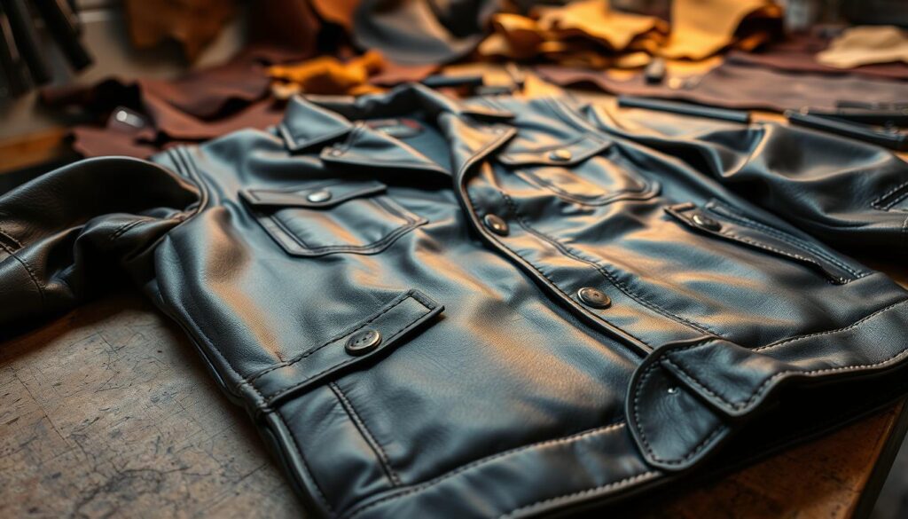 A high-quality leather jacket lies on a workbench, the supple material catching the warm glow of task lighting. The foreground showcases the intricate stitching and hardware details, while the middle ground reveals the cutting and patterning of the panels. In the background, various leather hides in different colors and grains are arranged, hinting at the versatility of materials used in jacket production. The scene conveys the craftsmanship and attention to detail required in the manufacturing of a durable, stylish leather jacket.