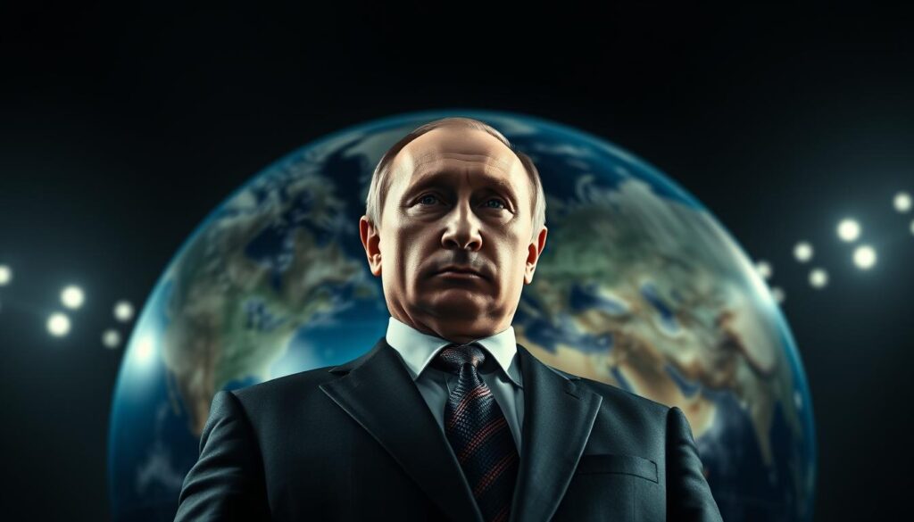 A high-resolution, cinematic portrait of Russian President Vladimir Putin, standing tall and authoritative against a backdrop of the globe, symbolizing his global political influence. The lighting is dramatic, with a strong directional key light illuminating his stern expression and casting deep shadows, evoking a sense of power and determination. The camera angle is slightly low, looking up at Putin, further emphasizing his commanding presence. The globe in the background is rendered in intricate detail, with continents and oceans clearly visible, showcasing the worldwide reach of his geopolitical ambitions.