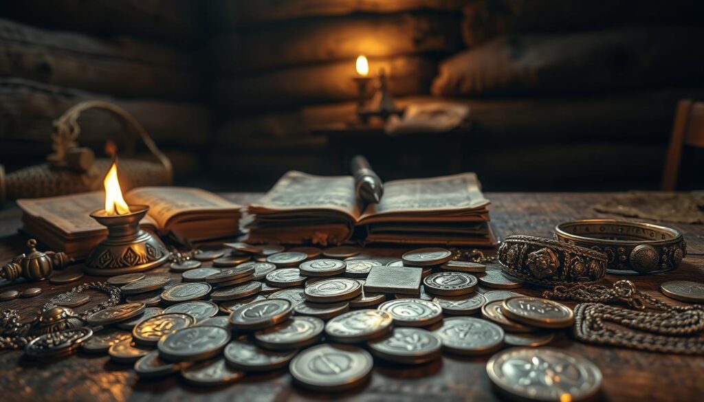A high-resolution, detailed image of Viking trade silver and coins on a wooden table in a dimly lit, atmospheric medieval interior. The foreground features a scattered assortment of precious metal coins, silver ingots, and ornate jewelry pieces in various sizes and designs. The middle ground shows a well-worn ledger book, a quill pen, and a small oil lamp casting a warm, flickering glow. The background depicts the rough-hewn timber walls of a trading post or merchant's quarters, with shadows and highlights creating a sense of depth and mystery. The overall scene conveys the wealth, craftsmanship, and commercial acumen of the Viking trading culture.