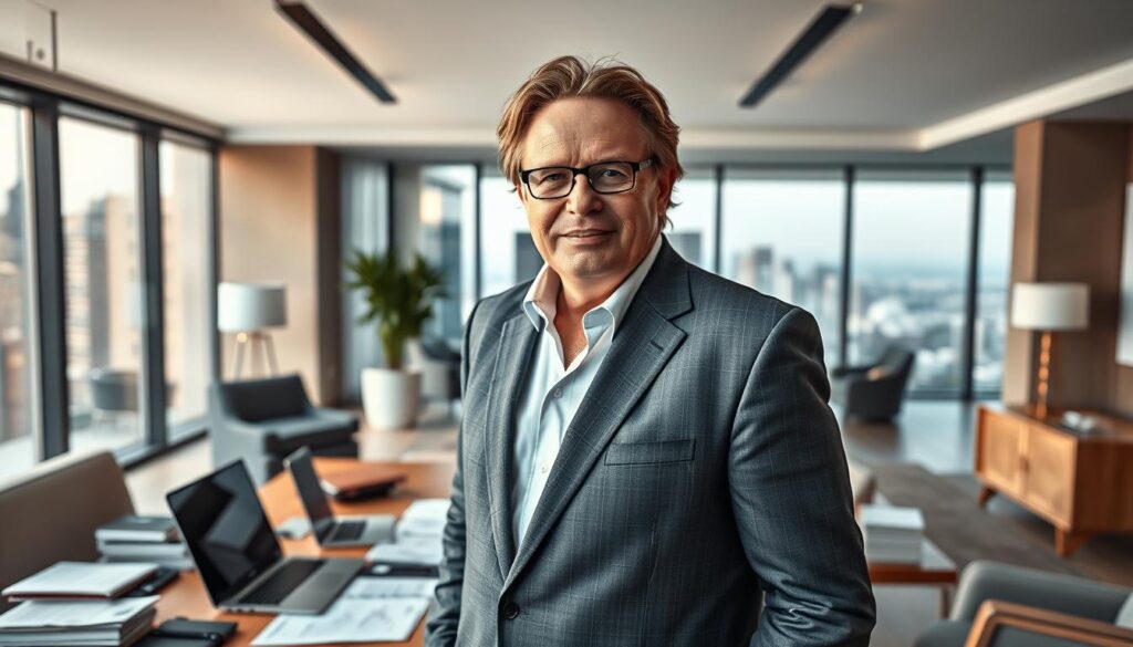 A high-resolution, photorealistic image of Dieter Bohlen, the prominent German musician and music producer, standing in a stylish office setting. The foreground features Bohlen in a well-tailored suit, exuding an air of affluence and success. The middle ground showcases various financial documents, a laptop, and other accoutrements of wealth management. The background depicts a modern, minimalist interior with floor-to-ceiling windows, providing a glimpse of a cityscape outside. The lighting is soft and directional, accentuating Bohlen's confident demeanor and the luxurious atmosphere. The overall scene conveys Bohlen's substantial net worth, diverse income streams, and savvy investments.