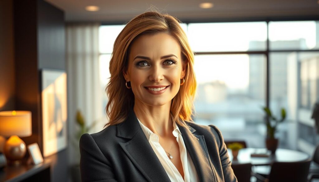 A high-resolution, photorealistic portrait of Stephanie Schmitz, a successful German businesswoman and media personality, standing confidently in a stylishly decorated office. Soft, warm lighting from a large window bathes her in a flattering glow, highlighting her confident expression and stylish business attire. The background features tasteful, modern decor, suggesting an environment of professionalism and accomplishment. The scene conveys a sense of Stephanie's career achievements and her status as a respected figure in the German business community.