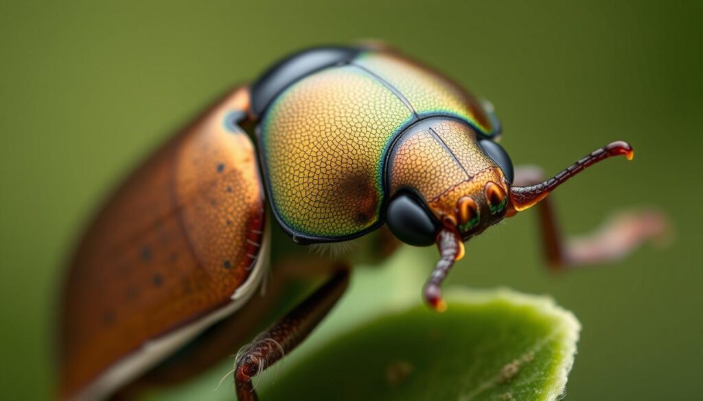 A highly detailed, close-up view of the distinctive features of the Japanese beetle (Popillia japonica), a major agricultural pest. The scene shows the beetle's metallic-green carapace, copper-colored elytra, and white tufts of hair along the sides of the abdomen, all rendered in sharp focus under soft, directional lighting that accentuates the insect's textures and contours. The background is blurred to emphasize the subject, creating a clean, scientific illustration-style composition ideal for educating readers about this invasive species and how to identify it.