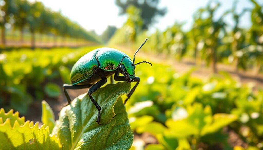 A lush agricultural landscape, with a close-up view of a Japanese beetle, its metallic green carapace glistening in the warm afternoon sun. The beetle is perched on a plant leaf, its antennae twitching as it surveys its surroundings. In the background, rows of crops stretch out, their vibrant foliage swaying gently in a light breeze. The scene conveys a sense of tranquility, yet the presence of the beetle, a known agricultural pest, hints at the potential for devastation. Crisp, high-resolution details, shot with a macro lens to emphasize the beetle's intricate features. Soft, diffused lighting creates a sense of depth and dimension, drawing the viewer's attention to the central subject.