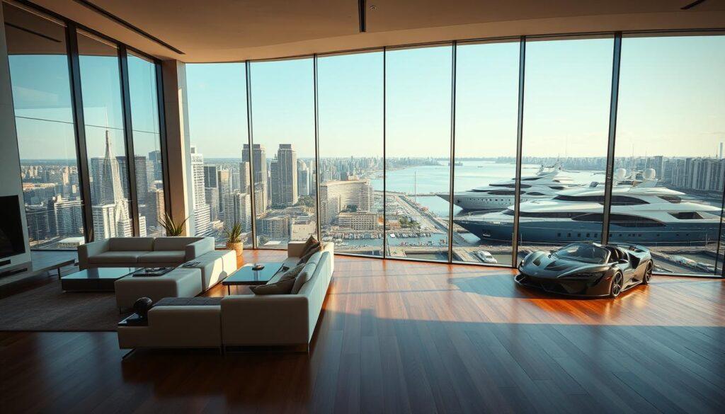 A luxurious penthouse overlooking a bustling city skyline, with sprawling glass windows and a sprawling balcony. Sleek, modern furniture adorns the interior, while high-end appliances and finishes convey a sense of opulence. Bright, natural lighting filters in, illuminating the polished hardwood floors and creating a warm, inviting atmosphere. In the distance, a fleet of gleaming sports cars and a massive yacht rest in a private marina, symbolizing the extravagant lifestyle of the homeowner. The scene evokes a feeling of wealth, power, and the pursuit of the finer things in life.