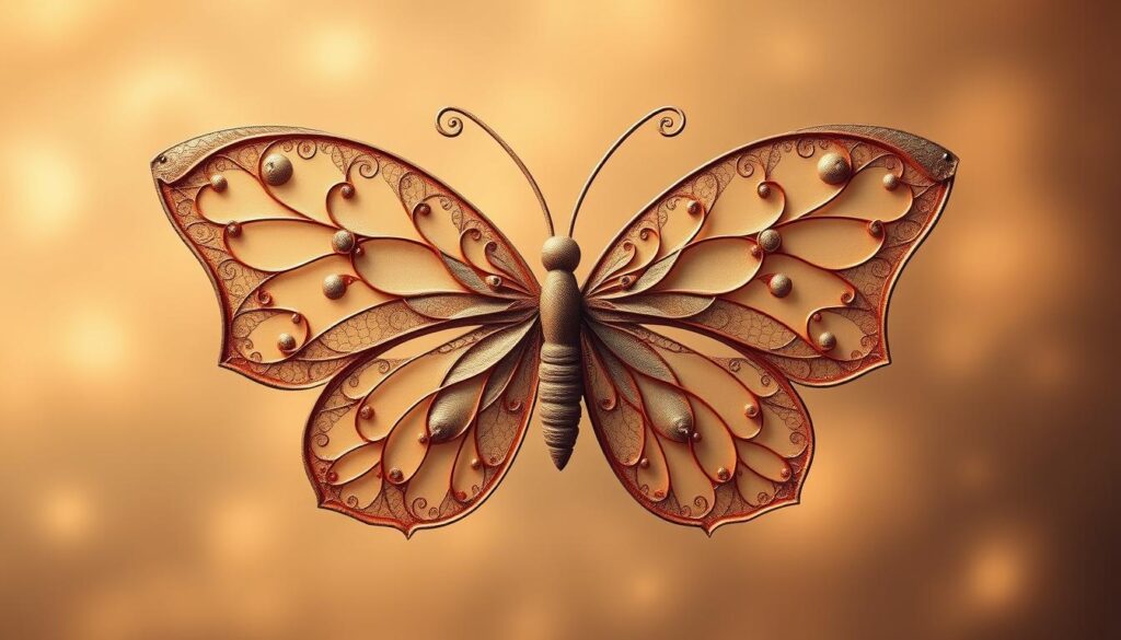 A mesmerizing, fractal-like shape unfolds, reminiscent of a butterfly's delicate wings. The Hofstadter-Schmetterling, a captivating mathematical pattern, takes center stage against a softly blurred background. Intricate, self-similar curves dance across the canvas, creating a visually striking and captivating image. Warm, muted tones lend a sense of depth and tranquility, while precise, high-contrast edges define the geometric structure. The overall composition evokes a sense of wonder and contemplation, mirroring the intellectual journey of the mathematician who discovered this mesmerizing phenomenon.