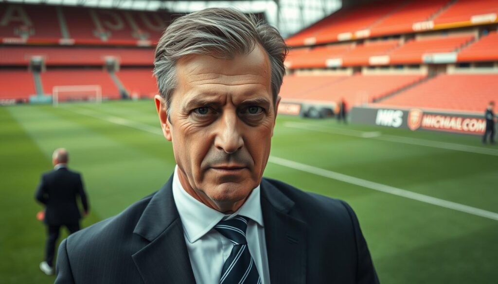 A middle-aged man in a sharp suit and tie, standing confidently on a lush, verdant soccer pitch. His gaze is intense, his expression conveying a mix of determination and focus. The lighting is natural, with soft shadows accentuating his features. The camera angle is slightly low, giving a sense of authority and command. In the background, the stadium stands loom, hinting at the high-stakes environment of professional football management. The atmosphere is one of quiet intensity, reflecting the challenges and pressures faced by a seasoned, yet embattled football manager.