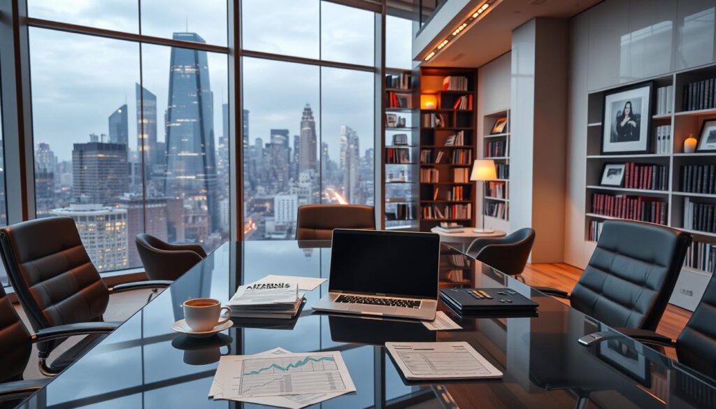 A modern and sophisticated office interior with a large window overlooking a bustling city skyline. In the foreground, a sleek glass-top conference table surrounded by ergonomic leather chairs. On the table, various financial documents, a laptop, and a cup of coffee. In the middle ground, bookshelves lining the walls, filled with books and framed artwork. The lighting is a combination of natural daylight and warm, ambient lighting fixtures. The overall atmosphere conveys a sense of professionalism, productivity, and financial acumen. The mood is one of thoughtful contemplation and strategic decision-making.