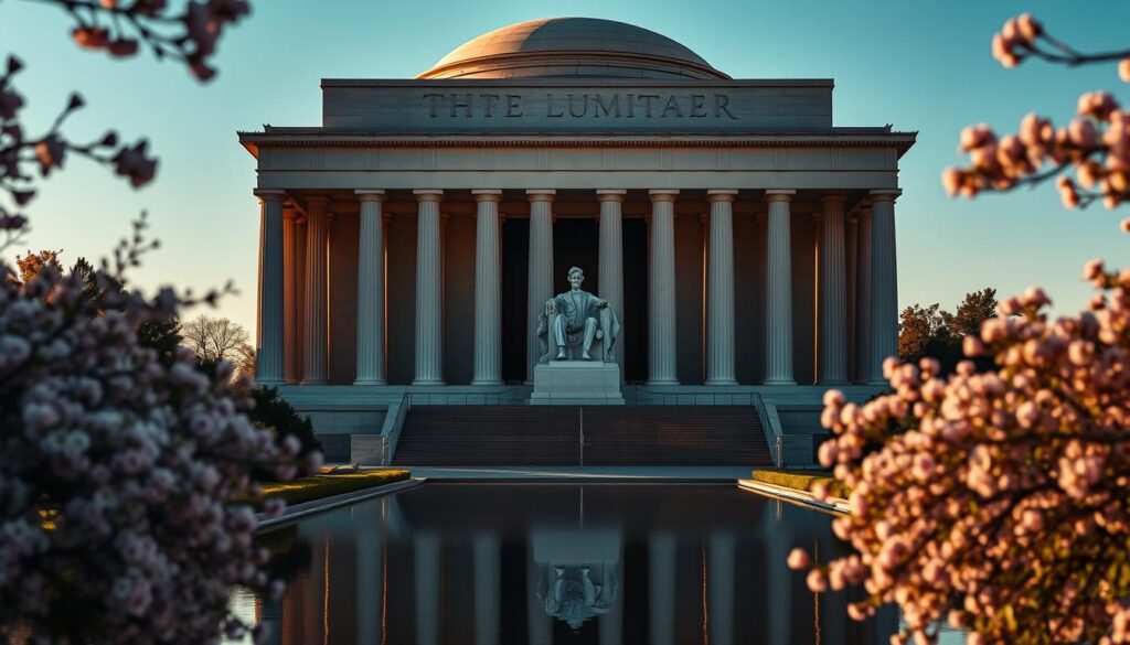 A monumental neoclassical structure stands tall, its grand columns and majestic dome casting long shadows on the reflecting pool below. In the center, the imposing statue of Abraham Lincoln sits, his pensive gaze fixed upon the horizon. Surrounding the memorial, lush greenery and cherry blossoms frame the scene, creating a serene and reverent atmosphere. Warm, golden light filters through the columns, illuminating the intricate details of the architecture and the solemnity of the moment. This is the Lincoln Memorial, a powerful symbol of American democracy and the enduring legacy of one of the nation's most revered leaders.