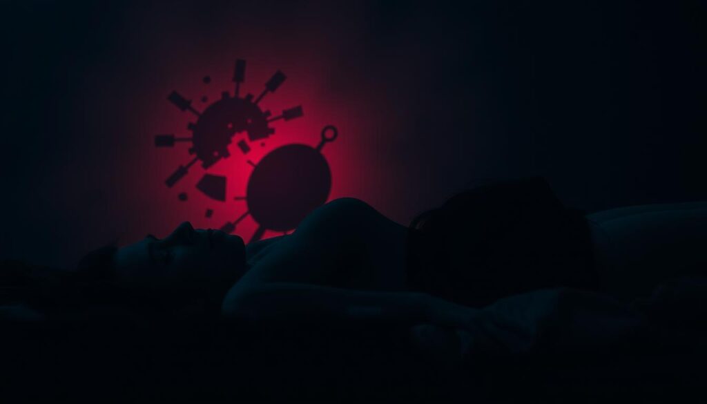 A moody, atmospheric image depicting the long-term effects of Tilidin on human sexuality. In the foreground, a person lies on a dimly lit bed, their face obscured by shadows, conveying a sense of discomfort and unease. The middle ground features symbolic elements, such as a shattered mirror or fragmented sexual imagery, reflecting the disruption and fragmentation of intimate relationships. The background is hazy and indistinct, creating a sense of isolation and disconnection. The lighting is somber, with muted tones and a subtle blue-green hue, evoking a melancholic and introspective mood. The overall composition and visual style suggest the profound and lasting impact of Tilidin on an individual's sexual well-being and relationships.