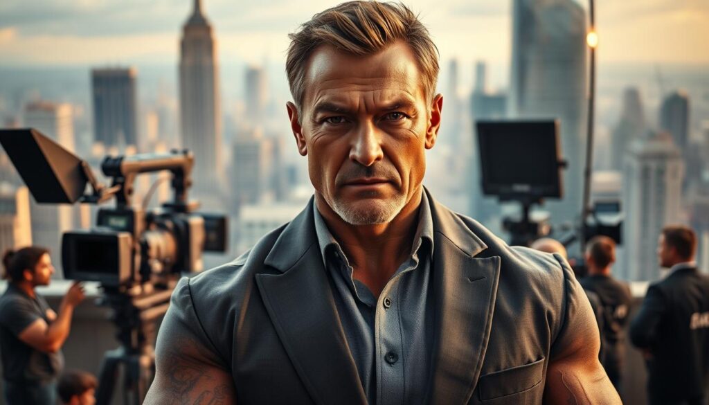 A muscular, middle-aged man with a rugged, chiseled face stands confidently in the foreground, his piercing gaze exuding a powerful presence. He wears a tailored suit, a hint of his bodybuilding past evident in his broad shoulders and powerful physique. Behind him, a bustling film set comes into focus, with crew members and equipment surrounding a sleek, modern movie camera. The lighting is soft and dramatic, casting gentle shadows that accentuate the man's strong features. In the background, a towering cityscape of skyscrapers and gleaming architecture conveys a sense of success and industry. The overall mood is one of determination, achievement, and the journey from the world of bodybuilding to the heights of the entertainment industry.