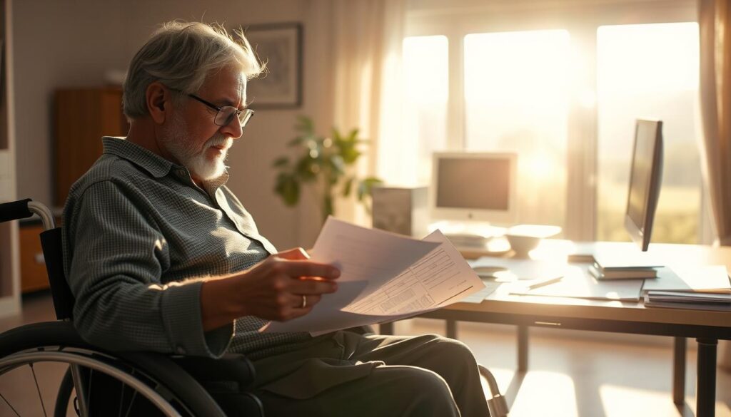 A peaceful, sun-dappled scene depicting the impact of severe disability on retirement benefits. In the foreground, a middle-aged person in a wheelchair contemplates financial documents, their face expressing concern. The middle ground features a desk with a computer and various files, symbolizing the administrative complexities of disability pensions. In the background, a window overlooks a serene, natural landscape, hinting at the broader life challenges faced by those with significant disabilities. The lighting is soft and warm, creating an atmosphere of thoughtful contemplation. The composition emphasizes the subject's isolation and the weight of the bureaucratic process, while suggesting the hope of finding a path forward.