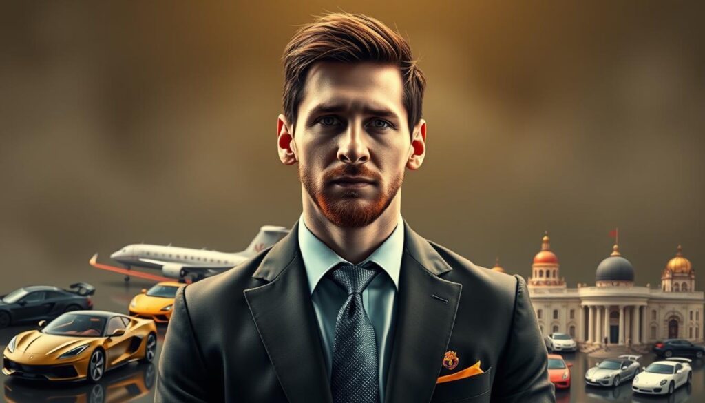 A photorealistic portrait of Lionel Messi, Argentine footballer, set against a blurred background showcasing his immense wealth and success. Messi is depicted in a tailored suit, exuding confidence and sophistication. The lighting is warm and flattering, highlighting his chiseled features and piercing gaze. In the middle ground, an array of luxurious assets such as sports cars, private jets, and opulent real estate convey the scale of his fortune. The background is intentionally hazy, maintaining the focus on Messi's persona and financial prowess. The overall composition and mood evoke a sense of power, prestige, and the culmination of Messi's illustrious career and wealth.
