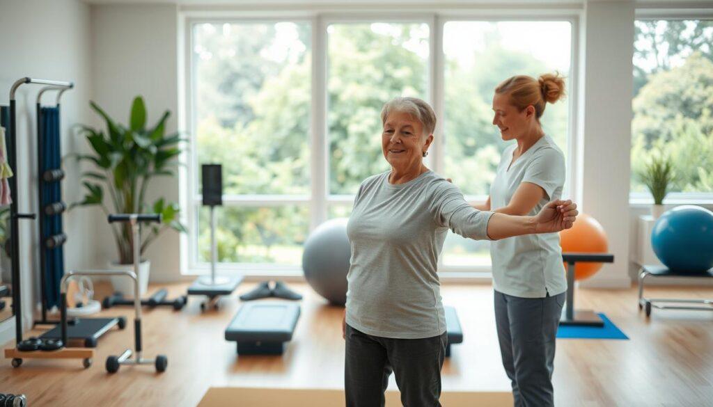 A physical therapy session in a bright, airy rehabilitation clinic. In the foreground, a patient undergoing exercises to regain mobility and strength in their injured arm, guided by a compassionate physical therapist. The middle ground features various rehabilitation equipment, from dumbbells and resistance bands to balance boards and exercise balls. In the background, large windows offer a serene view of a verdant garden, creating a calming, nurturing atmosphere. The lighting is soft and natural, highlighting the gentle progress of the rehabilitation process. A sense of hope and determination pervades the scene, conveying the resilience and dedication required for a successful recovery from a humerus fracture.