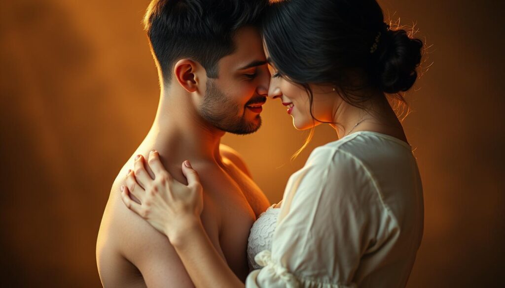 A romantic, intimate portrait of Chris Broy and Eva Benetatou, their bodies intertwined in a tender embrace, gazing into each other's eyes with palpable affection. Soft, warm lighting bathes the couple in a golden glow, casting gentle shadows and highlighting the delicate features of their faces. The background is hazy and out of focus, creating a dreamlike, serene atmosphere that emphasizes the couple's emotional connection. The composition is balanced and harmonious, drawing the viewer's attention to the couple's loving bond. The image conveys a sense of intimacy, vulnerability, and the deep, passionate nature of their relationship.