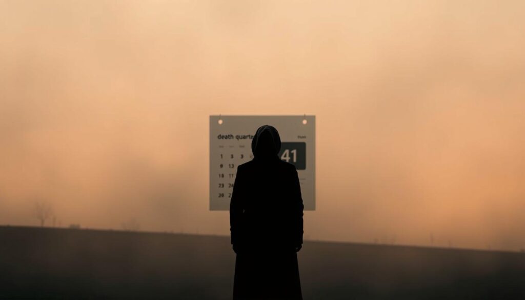 A serene and somber scene depicting the concept of "Sterbevierteljahr" (death quarter). In the foreground, a lone figure, perhaps a widow, stands solemnly against a muted, monochromatic backdrop. The middle ground features a simple yet elegant representation of a calendar, with the "death quarter" section highlighted, conveying the importance of this time period for the calculation of survivor's pension. The background is hazy, with softened edges and a sense of melancholy, emphasizing the gravity and weight of the subject matter. The lighting is subtle, casting a warm, subdued glow that adds to the contemplative atmosphere. The overall composition is balanced and evocative, capturing the essence of the "Sterbevierteljahr" and its significance in the context of widow's pension.