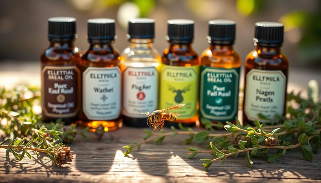 A serene, close-up view of essential oils in glass bottles, their labels prominently displaying their names. The bottles are arranged artfully on a rustic wooden surface, surrounded by sprigs of fragrant herbs and a single wasp hovering cautiously in the foreground, as if considering the alluring scents. Warm, natural lighting casts soft shadows, creating a sense of tranquility and the promise of effective, natural pest control. The image conveys the power of botanical aromas to deter unwanted visitors, perfectly suited to illustrate the section on using essential oils against wasps.