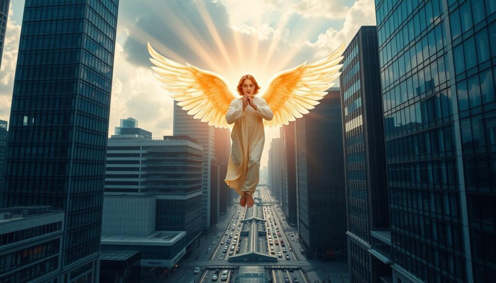 A serene, ethereal angel hovers gracefully in the center of a modern, urban cityscape. The celestial being radiates a warm, golden glow that casts a soft light upon the bustling streets below. Sleek skyscrapers and glass-paneled high-rises create a minimalist backdrop, contrasting with the angel's otherworldly presence. The scene is captured through a wide-angle lens, conveying a sense of awe and wonder at the juxtaposition of the divine and the mundane. Rays of heavenly light pierce through the clouds, illuminating the angel's outstretched wings and serene expression. The overall mood is one of tranquility and reverence, inviting the viewer to contemplate the role of spiritual guidance in modern society.