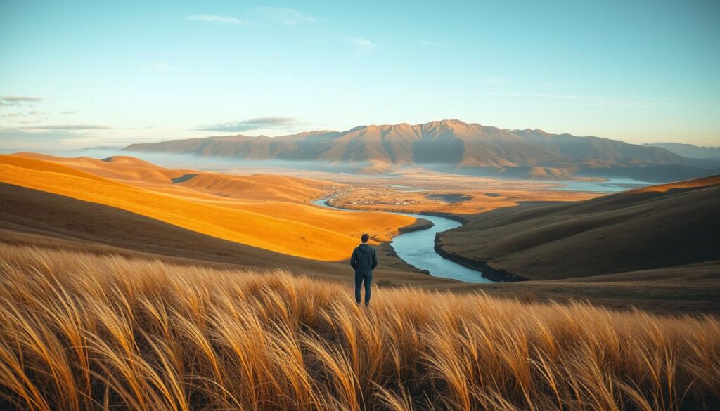 A serene landscape of rolling hills, bathed in warm, golden light. In the foreground, a lone figure stands amidst a field of swaying grasses, contemplating the path of transformation before them. The middle ground reveals a winding river, its waters reflecting the changing skies above. In the distance, a towering mountain range stands as a symbol of the enduring nature of change. The scene exudes a sense of quiet introspection, inviting the viewer to ponder the subtle yet profound shifts that shape our lives. A medium-wide angle lens captures the scene, creating a sense of depth and immersion. The overall mood is one of tranquility and quiet determination, reflecting the themes of "Neuroleadership in Veränderungsprozessen".