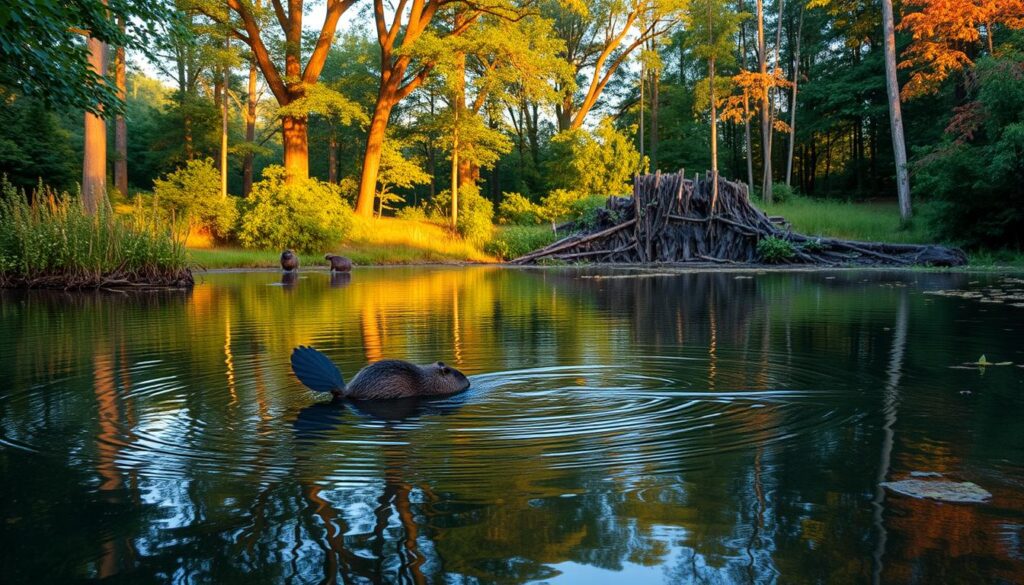 A serene pond nestled in a lush, verdant forest, with a majestic beaver swimming gracefully across the still waters, its broad, paddle-like tail creating gentle ripples. The soft, golden light of the setting sun filters through the canopy of towering oak and maple trees, casting a warm glow on the scene. In the background, a pair of beavers can be seen busy at work, meticulously constructing their intricate dam, a testament to their resilience and the return of this iconic species to the German landscape. The overall atmosphere is one of tranquility and wonder, celebrating the triumphant comeback of the beaver in its natural habitat.