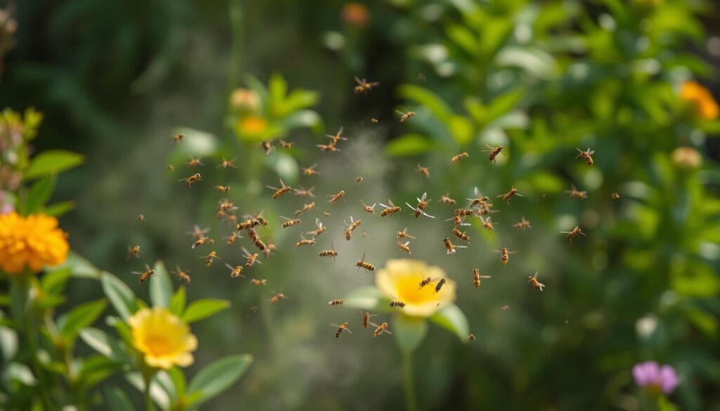 A serene summer scene in a lush garden, where a fine water mist gently drifts through the air, delicately enveloping the surroundings. In the foreground, a swarm of curious wasps hovers, their erratic movements captured in a soft, dreamlike focus. The mist, like a veil, diffuses the light, creating a hazy, atmospheric effect that subtly repels the wasps, guiding them away from the tranquil space. The background features a vibrant, verdant foliage, lending a sense of natural harmony to the composition. Captured with a wide-angle lens, the scene conveys a calming, almost meditative mood, perfectly suited to illustrate the section on using water mist as a simple, effective trick to deter wasps.