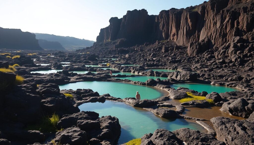 A serene, sun-drenched landscape of volcanic origin, with glistening natural pools of turquoise water nestled amidst rugged, charcoal-colored lava formations. The foreground features an inviting pool, its calm surface reflecting the surrounding cliffs and verdant vegetation. In the middle ground, additional pools dot the terrain, some with visitors wading in the therapeutic waters. The background is dominated by towering, craggy rock walls, their weathered surfaces carved by the forces of nature. Warm, golden light bathes the scene, creating a tranquil, almost otherworldly atmosphere. The overall composition evokes a sense of peaceful isolation, a hidden natural wonder waiting to be discovered.
