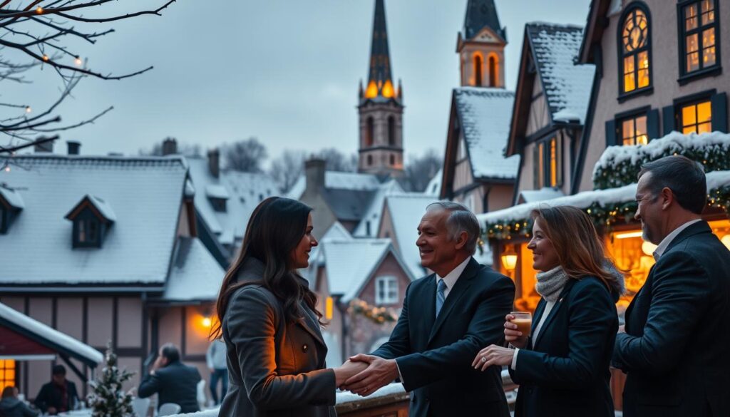 A serene winter scene of a traditional European town, with snow-covered rooftops and twinkling lights. In the foreground, a group of well-dressed business people exchange warm handshakes and greetings, their faces lit by the glow of candles or fairy lights. The middle ground features a cozy cafe or restaurant, with people enjoying hot drinks and festive treats. In the background, a majestic church steeple stands tall, its stained-glass windows reflecting the soft, golden hues of the evening. The overall atmosphere is one of holiday cheer, professionalism, and a sense of community. Soft, diffused lighting casts a gentle, dreamlike quality over the entire scene.