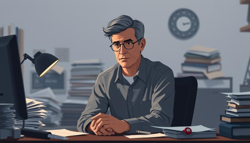 A sophisticated and contemplative digital illustration depicting the challenges of ADHD in adulthood. A middle-aged person, looking pensive, sits at a desk surrounded by a cluttered workspace, representing the organizational and focus difficulties often experienced. The lighting is soft and muted, creating a subdued, introspective atmosphere. The composition places the subject in the foreground, with blurred background elements suggesting a busy, distracting environment. Subtle details, such as a messy pile of papers or a fidget spinner, further convey the restlessness and executive function issues associated with adult ADHD. The overall tone evokes the complex emotional and practical struggles faced by those managing ADHD in their daily lives.
