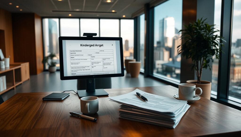 A spacious office interior with a wooden desk and a computer monitor displaying a government form labeled "Kindergeld Antrag". On the desk, a stack of official-looking documents, a pen, and a cup of coffee. Warm, indirect lighting casts a cozy glow, while large windows offer a view of a modern city skyline outside. A sense of professionalism and attention to detail pervades the scene, reflecting the formal process of applying for child allowance benefits.