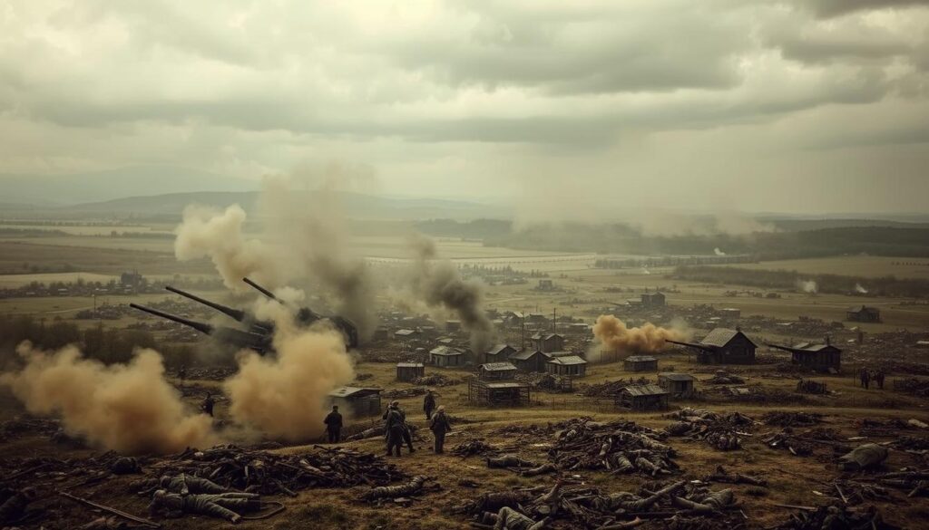 A sprawling battlefield under an overcast sky, the rugged terrain of Verdun in 1916. In the foreground, dense clouds of smoke and the muzzle flashes of artillery guns, as waves of German and French soldiers clash in a brutal confrontation. The middle ground is a scene of carnage, with shattered buildings, barbed wire, and the lifeless bodies of fallen combatants. The background fades into a hazy horizon, where the distant sound of explosions and the cries of the wounded echo. Convey the relentless fury and the enormous scale of this pivotal battle that defined the Western Front, with a sense of grim determination and the immense human cost of the Great War.