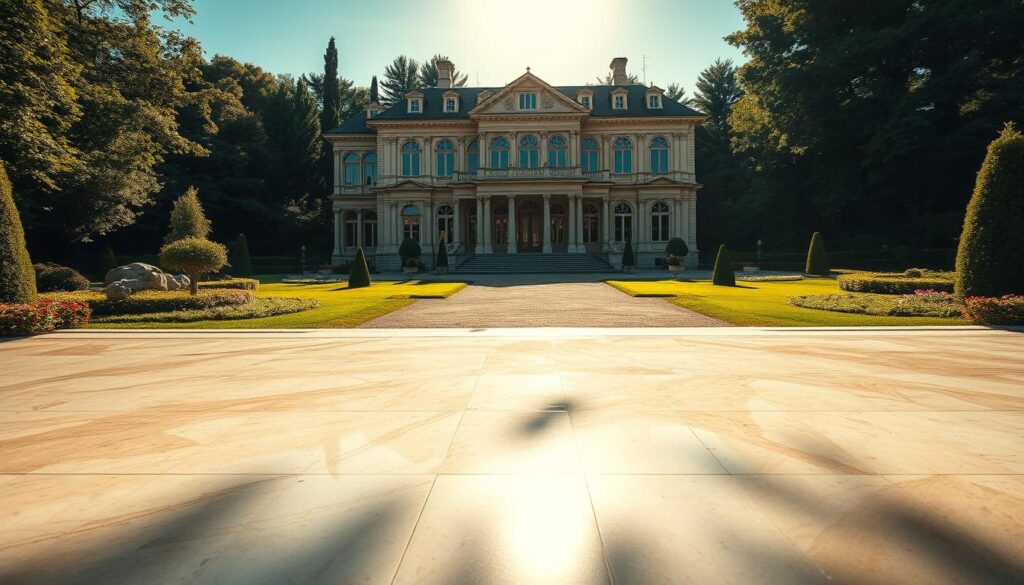 A sprawling, opulent villa nestled in a lush, secluded garden, its grand facade adorned with intricate architectural details. Sunlight filters through the ornate windows, casting a warm, golden glow over the luxurious interiors. Shadows dance across the polished marble floors, hinting at the scandalous secrets that lie within. The scene exudes an air of decadence and temptation, befitting the "Villa Versuchung" (Villa of Temptation) moniker. The viewer is drawn in, wondering what scandals and controversies this lavish setting has witnessed. A sense of unease and underlying tension permeates the scene, reflecting the thematic focus of the "Skandale und Kontroversen" (Scandals and Controversies) section of the biography.