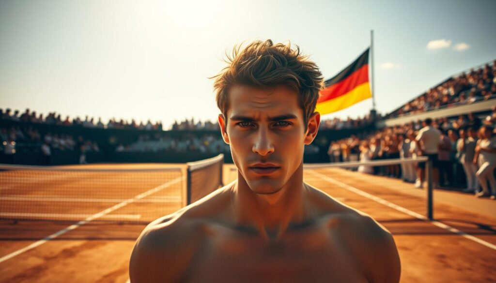 A tennis court bathed in golden sunlight, the net casting long shadows across the well-trodden clay. In the foreground, a young Boris Becker, his powerful frame and intense gaze capturing the sheer determination that defined his game. Around him, a crowd of spectators, their faces animated with excitement, bear witness to his command of the court. In the background, the iconic German flag flutters, a symbol of the nation he proudly represented, his triumphs etching his name into the annals of tennis history. The scene evokes the essence of Becker's influence, his mastery of the sport and his enduring legacy as a true icon of German tennis.