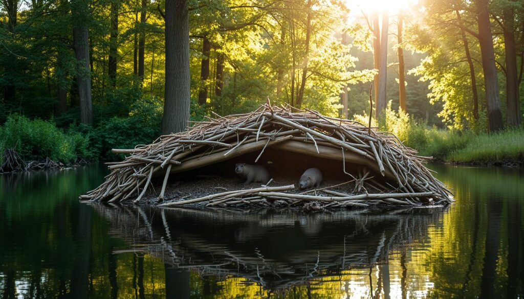 A tranquil beaver dam nestled in a serene body of water, surrounded by lush greenery and towering trees. The structure is made of meticulously woven branches, logs, and mud, creating a cozy and intricate habitat for the resident beavers. Sunlight filters through the canopy, casting a warm, golden glow over the scene. The still water reflects the natural beauty, creating a mirror-like surface that adds depth and symmetry to the composition. The overall atmosphere is one of peaceful coexistence, where the beavers have reclaimed their rightful place in the ecosystem.