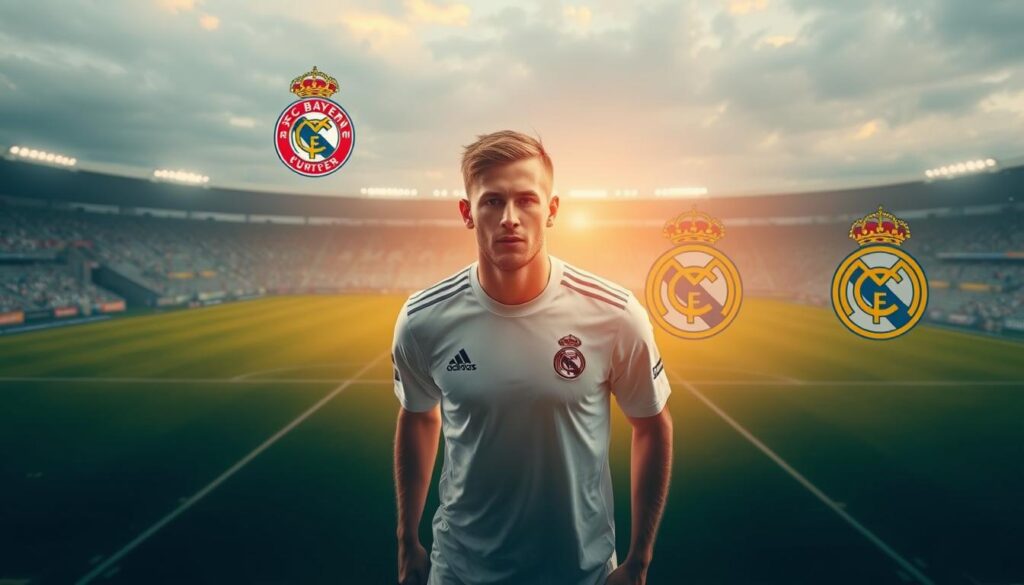 A tranquil seaside town nestled in northern Germany, Greifswald sets the stage for the early years of Toni Kroos' storied career. Hansa Rostock, the regional powerhouse, provides the next chapter as Kroos hones his craft on the pitch. A bold move to the illustrious FC Bayern Munich ushers in a new era of success, with Kroos' deft touch and strategic vision driving the team to glory. The final leg of this remarkable journey sees Kroos ascending to the global stage, donning the iconic white of Real Madrid, where his mastery of the game shines on the world's grandest stage. Capture this narrative arc through a cinematic composition, with Kroos as the central figure, flanked by the crests and stadiums of these legendary clubs, bathed in warm, golden light that evokes the triumphs and challenges of his remarkable career.