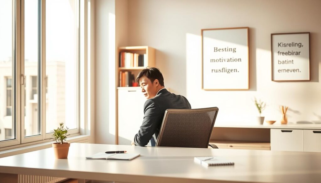 A tranquil, well-lit office scene with a person sitting at a sleek, minimalist desk. The office is flooded with warm, natural light filtering through large windows, creating a serene and focused atmosphere. The person, dressed in business attire, is leaning back in their chair, deep in thought, with a pensive expression. On the desk, there is a small potted plant, a pen, and a notebook, symbolizing the importance of nurturing inner drive and productivity. In the background, a bookshelf filled with inspiring titles and a framed motivational quote on the wall convey the theme of "Motivation fördern" (Promoting Motivation). The overall composition exudes a sense of balance, clarity, and the pursuit of personal growth.
