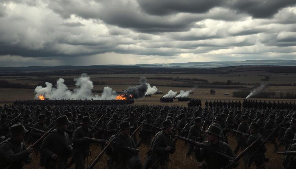 A vast, sweeping battlefield under a brooding, overcast sky. In the foreground, a formation of German troops in their distinctive Prussian-style uniforms, rifles at the ready, their faces set with grim determination. In the middle ground, the smoke and chaos of artillery fire, cannon blasts erupting across the landscape. In the distance, the silhouettes of cavalry charges and the glint of steel as infantry engage in brutal hand-to-hand combat. The scene is lit by dramatic chiaroscuro lighting, casting deep shadows and highlights that accentuate the drama and intensity of the moment. The overall tone is one of immense power, discipline, and the weight of history as the German forces forge the unification of the nation.