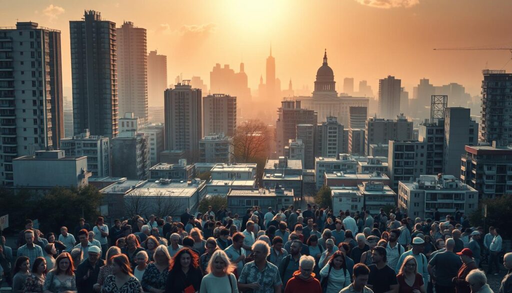 A vibrant cityscape, with a mix of modern high-rises and aging apartment blocks, reflecting the societal impacts of the welfare state. In the foreground, a diverse crowd of people, some prosperous, others struggling, stands at a busy intersection, their expressions conveying a range of emotions – hope, frustration, and uncertainty. The middle ground features a sprawling network of public services, from healthcare facilities to social welfare offices, all illuminated by a warm, golden light that filters through the hazy atmosphere. In the background, the silhouettes of political institutions loom, casting long shadows over the scene, hinting at the complex interplay between government policies and individual lives. The overall composition evokes a sense of both progress and challenge, capturing the multifaceted nature of the welfare state's societal impact.