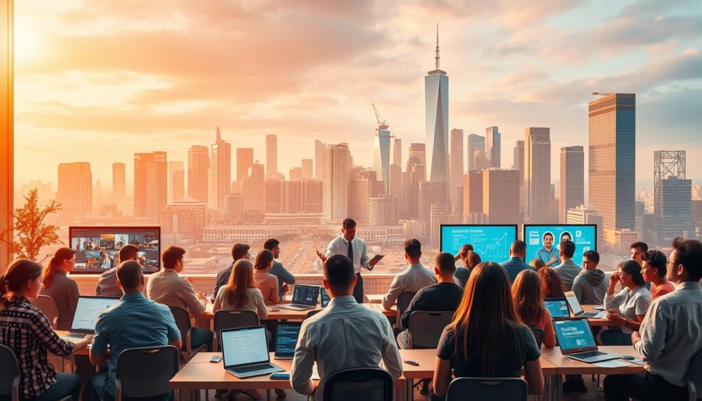 A vibrant, dynamic scene depicting active labor market policies and programs. In the foreground, a diverse group of people engage in various vocational training activities - coding workshops, career counseling sessions, and entrepreneurship seminars. The middle ground features government officials and employment agency representatives facilitating these initiatives, using digital displays and collaborative workspaces. In the background, a modern city skyline with gleaming skyscrapers and bustling streets, symbolizing the integration of these active labor market measures into the broader economic landscape. Warm lighting illuminates the scene, conveying a sense of optimism and opportunity. The overall composition suggests a comprehensive, proactive approach to supporting the unemployed and fostering workforce development.