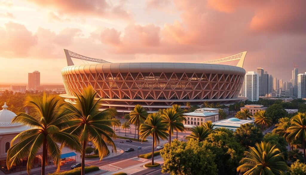 A vibrant, photorealistic cityscape depicting the iconic Inter Miami football club's home stadium and surrounding urban landscape. The stadium's sleek, modern architecture stands tall, its facade bathed in warm, golden-hour lighting that casts dramatic shadows across the scene. In the foreground, manicured palm trees and lush tropical foliage frame the view, while in the middle ground, bustling streets are lined with high-rise buildings, their glass facades reflecting the vibrant colors of the sky. The background is filled with a hazy, atmospheric skyline, creating a sense of depth and scale. The overall mood is one of energy, excitement, and the glamour of professional sports, befitting the subject of Lionel Messi's move to this dynamic, up-and-coming club.