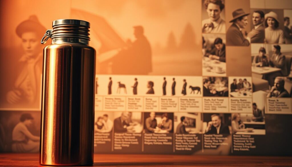 A warm, nostalgic scene of the history of the iconic thermos flask. In the foreground, a vintage-style thermos with a sleek, copper body gleams under soft, diffused lighting. The middle ground reveals a timeline of thermos evolution, showcasing key design innovations and milestones, from the original vacuum-sealed Dewar flask to modern insulated models. In the background, a hazy, sepia-toned montage depicts scenes of the thermos being used throughout history - from Victorian tea parties to mid-century picnics, campfires to office desks. The overall mood is one of timeless utility and timeless elegance, reflecting the enduring appeal of this humble yet essential household item.