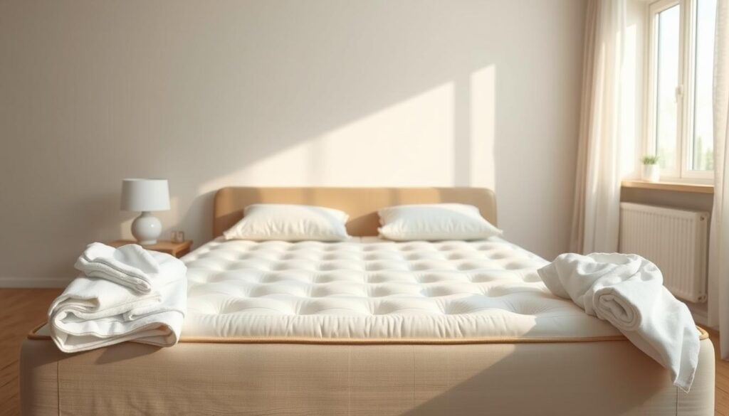 A well-lit bedroom setting, featuring a neatly made mattress at the center. The mattress is the focal point, undergoing a professional cleaning and drying process. Crisp white linens and towels are arranged around the mattress, suggesting a meticulous, hygienic approach. Soft, natural lighting filters through large windows, casting a warm, soothing ambiance. In the background, a minimalist, modern decor style sets the tone, with clean lines and neutral tones. The overall atmosphere conveys a sense of cleanliness, comfort, and attention to detail, reflecting the care and time required for a thorough mattress renewal.