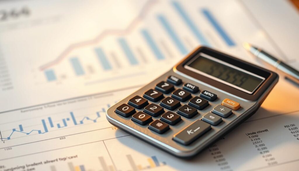 A well-lit, high-resolution image of a detailed financial calculator against a softly blurred background of graphs, charts, and financial documents, conveying a sense of calculation, analysis, and the process of determining unemployment benefits. The calculator is positioned centrally, with warm lighting highlighting its sleek, modern design. The overall mood is one of diligence, precision, and the careful consideration of financial information.