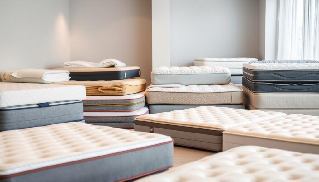 A well-lit, high-resolution image of a diverse array of mattress types, including memory foam, innerspring, and hybrid designs, neatly arranged in a clean, modern setting. The mattresses are shown in various stages of disassembly, with their internal components visible, showcasing the different materials and construction methods used. The lighting is soft and evenly distributed, creating a sense of clarity and attention to detail. The camera angle is slightly elevated, providing a comprehensive view of the mattress varieties and their distinguishing features. The overall atmosphere conveys a professional, educational tone, suitable for illustrating the section on "Welche Arten von Matratzen können gereinigt werden?" in the article "Professionelle Matratzenreinigung das musst du wissen."