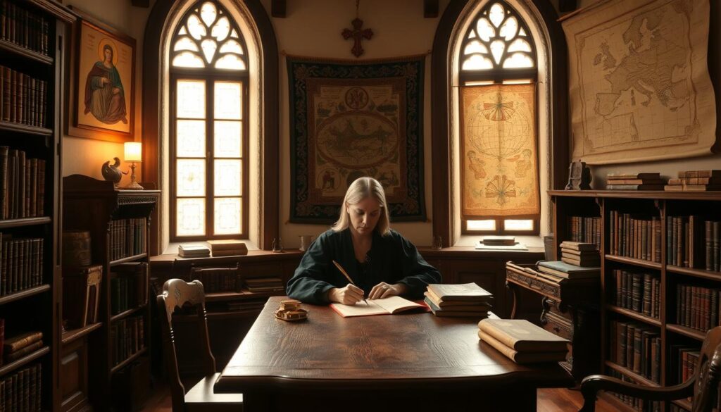 A well-lit medieval study with ornate wooden furniture and shelves lined with leather-bound books. In the center, Hildegard von Bingen sits at a large oak desk, quill in hand, crafting a letter with a focused expression. Soft, warm lighting filters in through tall arched windows, casting a pensive glow. The walls are adorned with religious iconography and parchment maps, hinting at Hildegard's wide-ranging intellectual and political interests. Intricate embroidered tapestries hang in the background, adding depth and texture to the scene. The overall atmosphere is one of scholarly contemplation and the power of the written word.